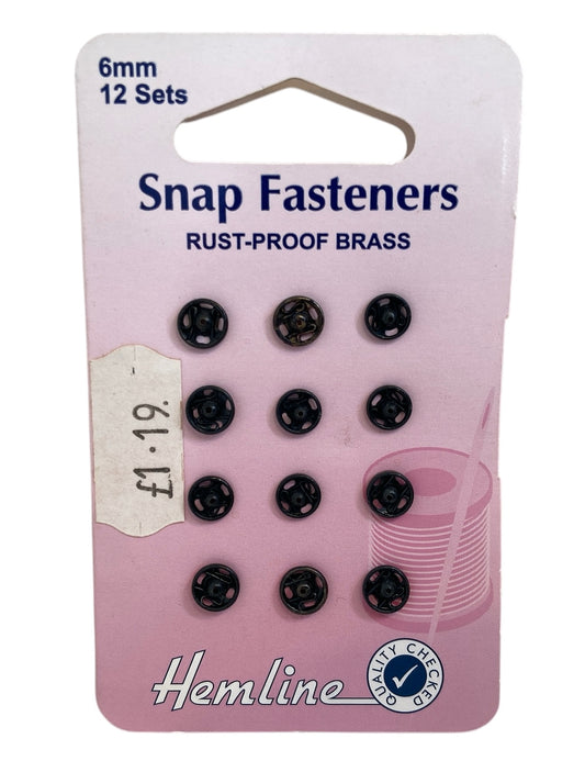 Snap Fasteners: Sew-on: Black: 6mm: Pack of 12
