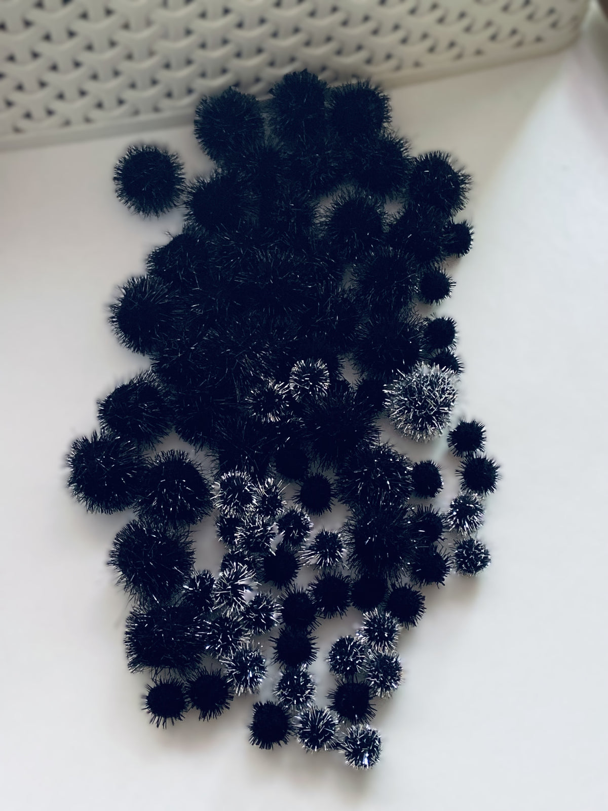 Mixed Black Tinsel Pom Pom Pack
